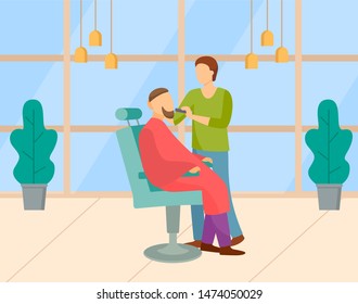Barber character harvesting beard, barbershop or beauty salon. Professional holding razor, client male sitting in chair, houseplant in studio vector. Flat cartoon. Modern office of barbershop