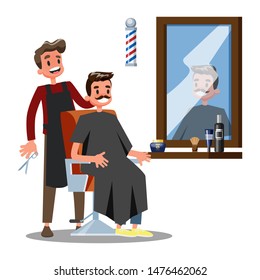 Barber character and man on the chair. Hairdresser holding scissors. Person with a fashion hairstyle. Isolated vector illustration in cartoon style
