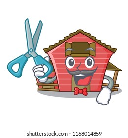 Barber character red barn building with haystack