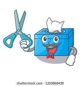 Barber character tissue box on wood floors