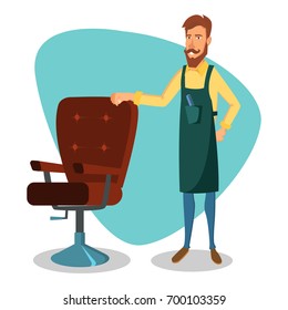 Barber Character Vector. Modern Barber Shop. Classic Lounge Chair. Cartoon Isolated Illustration.