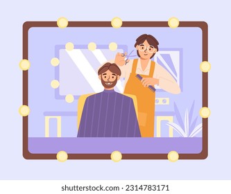 Barber with client concept. Master with scissors and comb makes haircut to client. Fashion and Style. Aesthetics and elegance. Young guy came to barbershop. Cartoon flat vector illustration