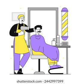 Barber with client simple. Man with moustaches in barbershop. Beauty, elegance and aesthetics. Young guy with hairdresser and apron. Doodle flat vector illustration isolated on white background