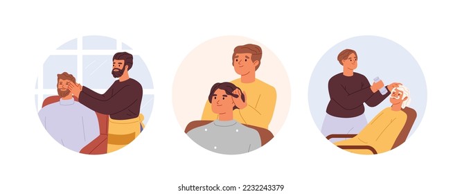 Barber with clients set. Professional barbershop hairstylist do hairstyle, grooming and shaving to hipster client. Male beauty salon and hairstyling service concept. Cartoon flat vector illustration