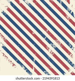 Barber colored liner vintage shabby grunge background. Blue red vector pattern. Diagonal stripe pattern