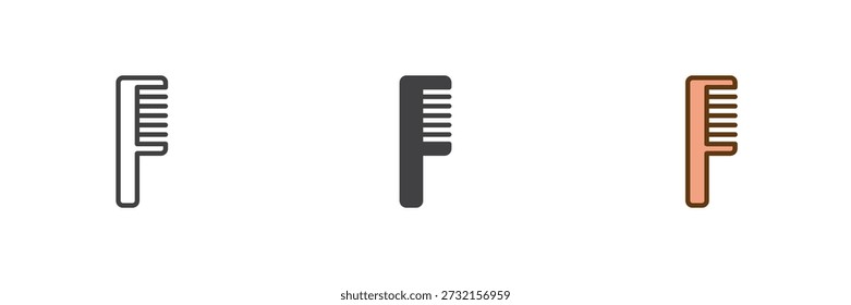 Barber comb icon set in line, solid and filled outline colorful style. Comb icon vector sign and symbol for hair care, grooming, barber services.