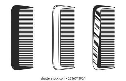 Barber Comb icon - vintage design element for logo, emblem, label. Vector set of 3 combs in other 3 styles.