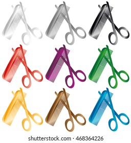 Barber comb and scissors. A set of several colors