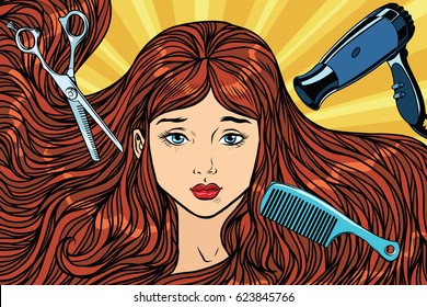 Barber concept. The girl with long hair. Pop art retro vector illustration. Scissor, Hairdryer and comb