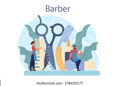 Barber concept. Idea of hair and beard care. Scissors and brush, shampoo and haircut process. Hair treatment and styling. Isolated flat illustration