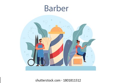 Barber concept. Idea of hair and beard care. Scissors and brush, shampoo and haircut process. Hair treatment and styling. Isolated flat illustration