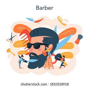 Barber concept. Idea of hair and beard care. Scissors and brush, shampoo and haircut process. Hair treatment and styling. Isolated flat illustration