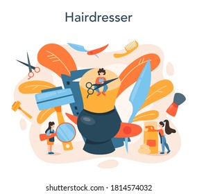 Barber concept. Idea of hair and beard care. Scissors and brush, shampoo and haircut process. Hair treatment and styling. Isolated flat illustration