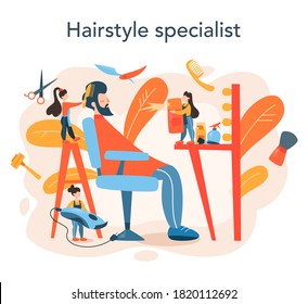 Barber concept. Idea of hair and beard care. Scissors and brush, shampoo and haircut process. Hair treatment and styling. Isolated flat illustration