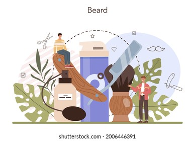 Barber concept. Idea of hair and beard care. Scissors and brush, shampoo and haircut process. Men' hair treatment and styling. Isolated flat illustration