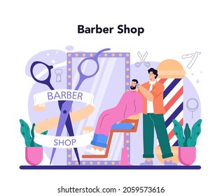 Barber concept. Idea of hair and beard care. Hair cutting process and hair dressing in salon. Men' hair treatment and styling. Isolated flat illustration