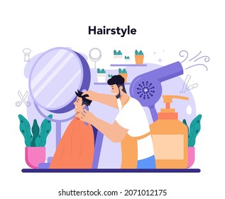 Barber concept. Idea of hair and beard care. Hair cutting process and hair dressing in salon. Men' hair treatment and styling. Isolated flat illustration