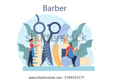 Barber concept. Idea of hair and beard care. Scissors and brush, shampoo and haircut process. Hair treatment and styling. Isolated flat illustration