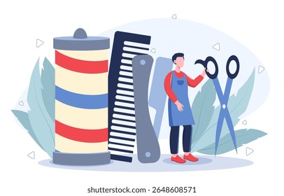 Barbeiro conceito. Homem perto de grandes tesouras e pentes. Beleza, estética e elegância. Cabeleireiro no avental com equipamento. Trabalhador de barbearia. Ilustração de vetor plano