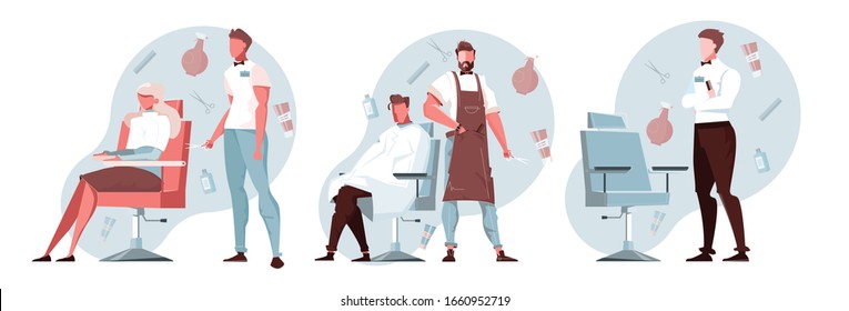 Barber concept set with hairstyle and outlook symbols flat isolated vector illustration 