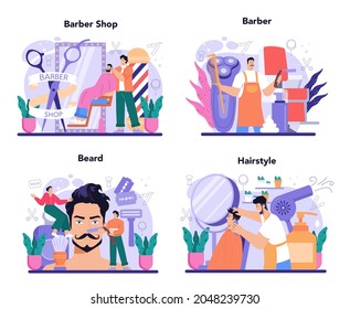 Barber concept set. Idea of hair and beard care. Hair cutting process and hair dressing in salon. Men' hair treatment and styling. Isolated flat illustration