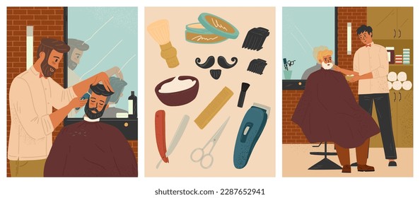 Barber cuts hair of client in barbershop, vector posters set. Barber shop interior design with chairs, mirrors. Hairdresser, hairstylist cutting hairs, doing men hairstyles. Barber accessories