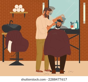 Barber cuts hair of client in barbershop, vector illustration. Barber shop interior design with chairs, mirrors. Hairdresser, hairstylist cutting hairs, doing men hairstyles