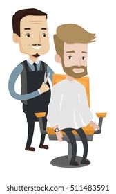 Barber cutting hair of hipster man with beard at barbershop. Professional barber making haircut to a client with scissors in barbershop. Vector flat design illustration isolated on white background.