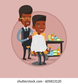 Barber cutting hair of young african-american man in barbershop. Professional barber making haircut to a client in barbershop. Vector flat design illustration in the circle isolated on background.