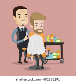 Barber cutting hair of young hipster man with beard at barbershop. Professional hairdresser making haircut to a client with scissors in beauty saloon. Vector flat design illustration. Square layout.