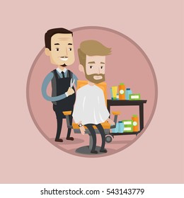 Barber cutting hair of young hipster man with beard in barbershop. Professional barber making haircut to a client in barbershop. Vector flat design illustration in the circle isolated on background.