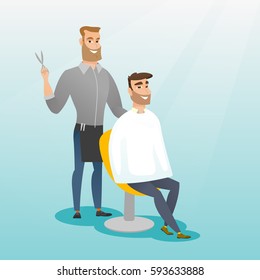 Barber cutting hair of young hipster man with beard at barbershop. Professional barber making haircut to a male client with scissors in barbershop. Vector flat design illustration. Square layout.
