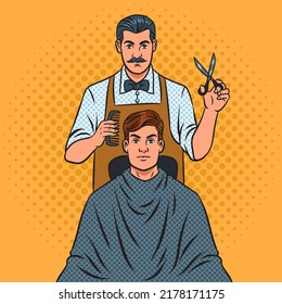 barber cutting man hair pop art retro vector illustration. Comic book style imitation.