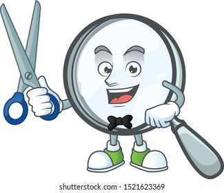 Barber design magnifying glass cartoon character style.