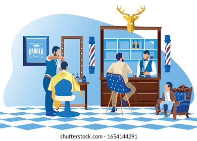 Barber Doing Client Haircut in Men Beauty Salon Barbershop. Man Drinking Alcohol in Bar, Little Boy Customer Waiting on Couch. Interior with Chairs, Desk and Furniture Cartoon Flat Vector Illustration