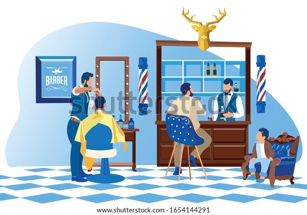 男性美容院の理髪師 バーでお酒を飲む男性 カウチでお客さんを待っている男の子 室内と椅子 机 家具のカートーンの平らなベクターイラスト のベクター画像素材 ロイヤリティフリー