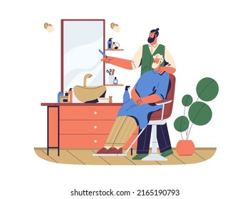 Barber doing haircut, caring, grooming, cutting gray hair, beard of senior man client sitting in chair. Person and hairstylist in barbershop. Flat vector illustration isolated on white background