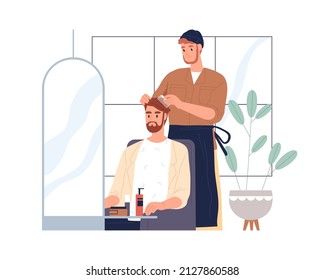 Barber doing haircut for man in barbershop. Hairdresser cutting, styling and caring about clients hair in salon. Male hairstylist at work. Flat vector illustration isolated on white background