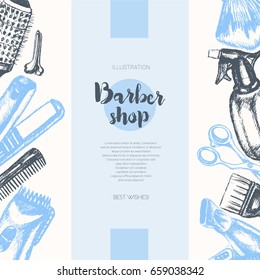 Barber Equipment - color vector hand drawn vintage banner template with copy space. Realistic scissors, comb, toothcomb, hairdryer, clipper, hair straightener, dyeing, shaving brush, peg, sprayer.