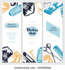Barber Equipment - color vector hand drawn template banner with copy space. Realistic scissors, comb, toothcomb, hairdryer, clipper, hair straightener, dyeing, shaving brush, peg, sprayer.