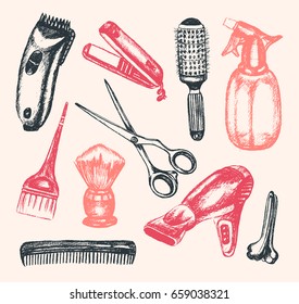 Barber Equipment - Illustration Of Color Vector Hand Drawn Vintage Composition. Realistic Scissors, Comb, Toothcomb, Hairdryer, Clipper, Hair Straightener, Dyeing, Shaving Brush, Peg, Sprayer.