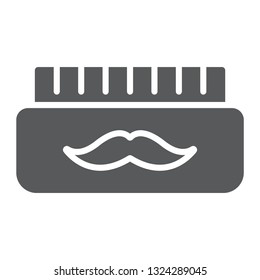 Barber gel glyph icon, container and barber, mustache gel sign, vector graphics, a solid pattern on a white background, eps 10.