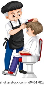 Barber giving boy haircut illustration