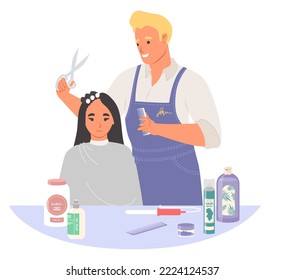 Barber hair stylist making haircut for woman client vector illustration. Barbershop interior. Professional beauty salon. Hairdresser master character doing coiffeur for female