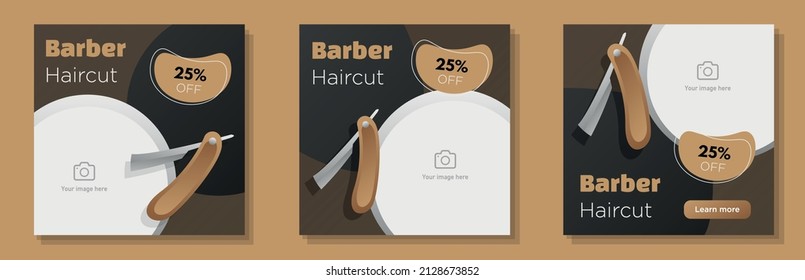 Barber haircut social media post, banner set, barbershop hairdresser advertisement concept, beard shaving equipment marketing square ad, abstract print, isolated on background.