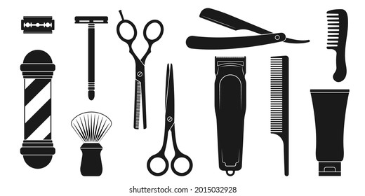 Juego de iconos de peluquería y peluquería. Herramientas de Barbershop. Instrumentos de corte de pelo con afeitador retro, peine o cepillo, tijeras, cuchilla vintage. Ilustración vectorial.