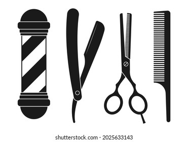 Barber and hairdresser icon set. Barbershop tools. Hair cut instruments with straight razor, comb, scissors and barber pole. Vector illustration.