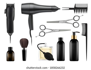 Barber and hairdresser professional tool for beauty salon. Realistic shaving machine, hair dryer, brush, perfume, scissors, shampoo, conditioner, comb vector illustration isolated on white background