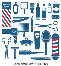 Barber and hairdresser related icons set