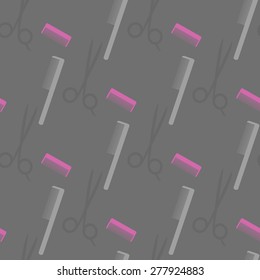 Barber hairdresser salon seamless vector pattern, grey scissors and pink hairbrush elements on dark grey background